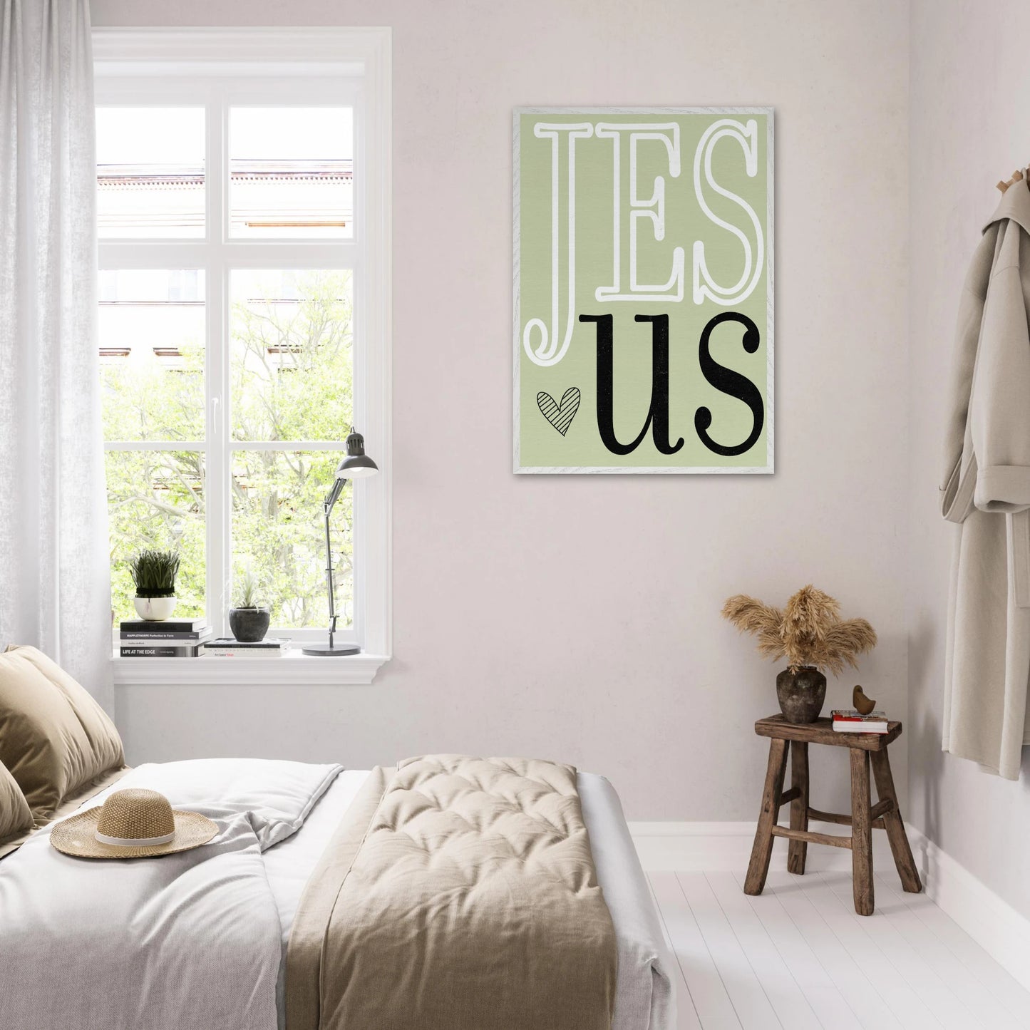 Room interior with a 'Jesus' poster on the wall, bed, and window.