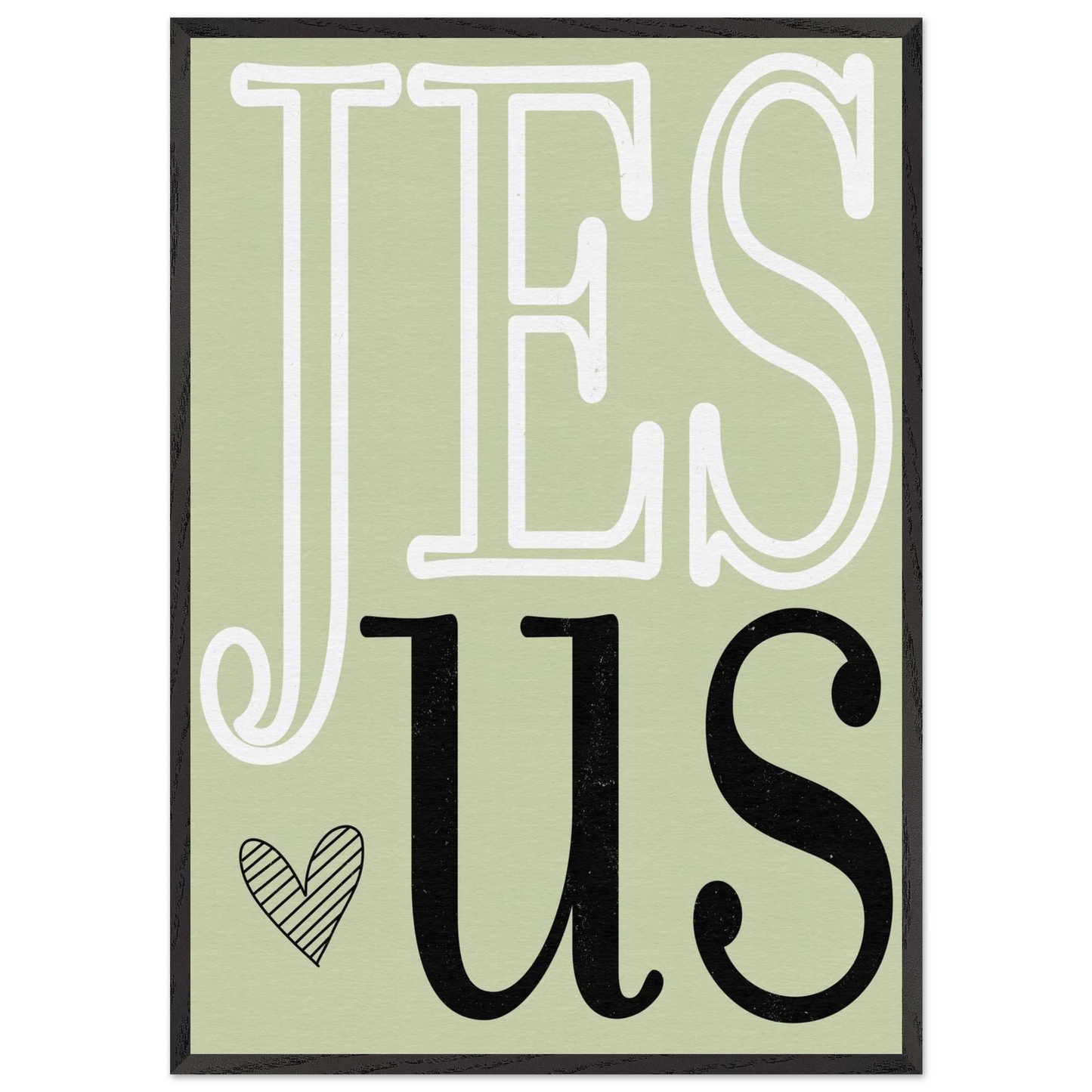 Decorative sign with 'Jesus' text on a light green background