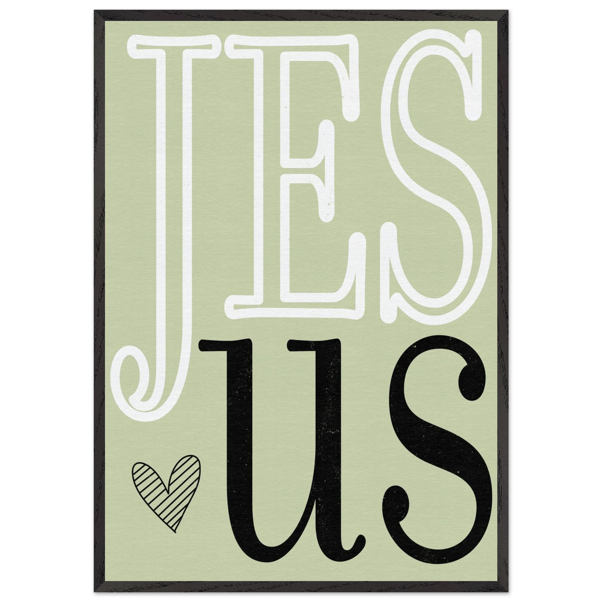 Decorative sign with 'Jesus' text on a light green background
