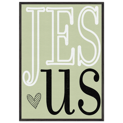 Decorative sign with 'Jesus' text on a light green background