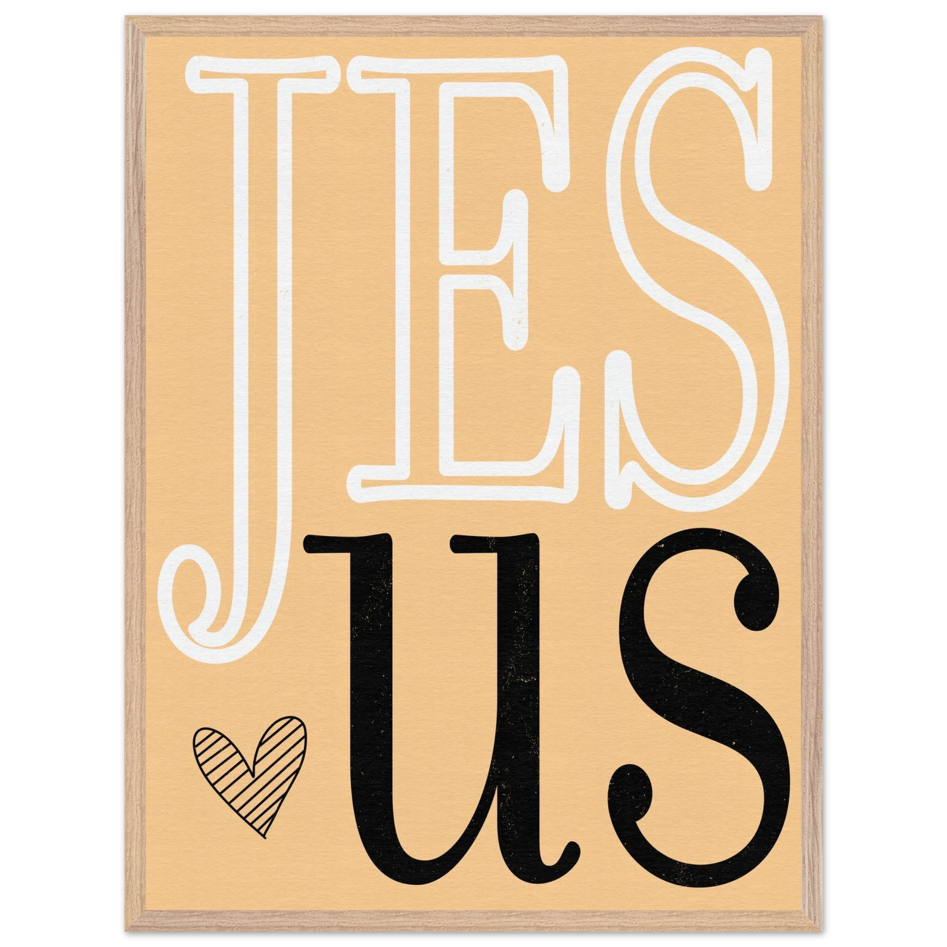 Framed artwork with 'Jesus' text on a beige background