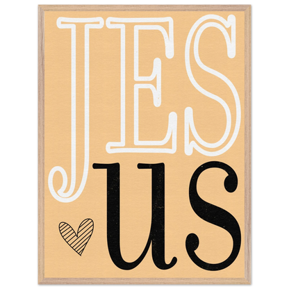 Framed artwork with 'Jesus' text on a beige background