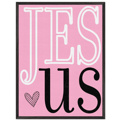 Pink poster with 'JESUS' text on a white background