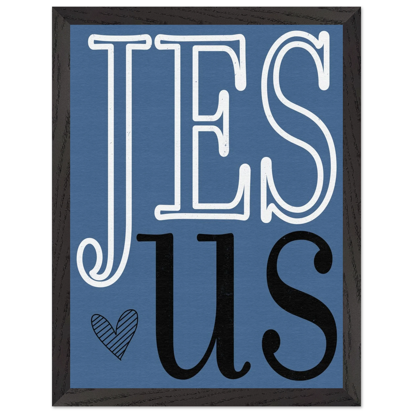 Framed artwork with 'Jesus' text on a blue background
