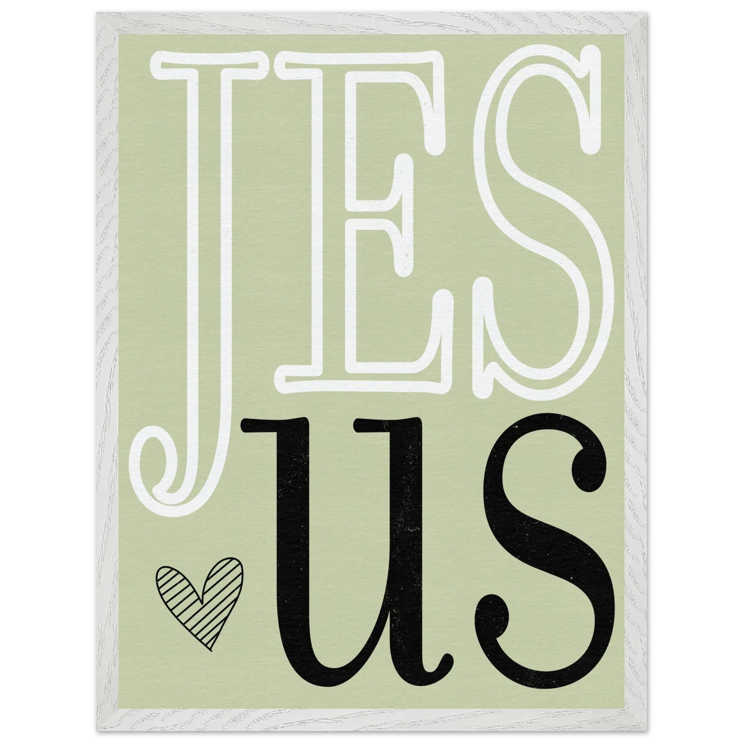 Decorative sign with 'Jesus' text on a light green background