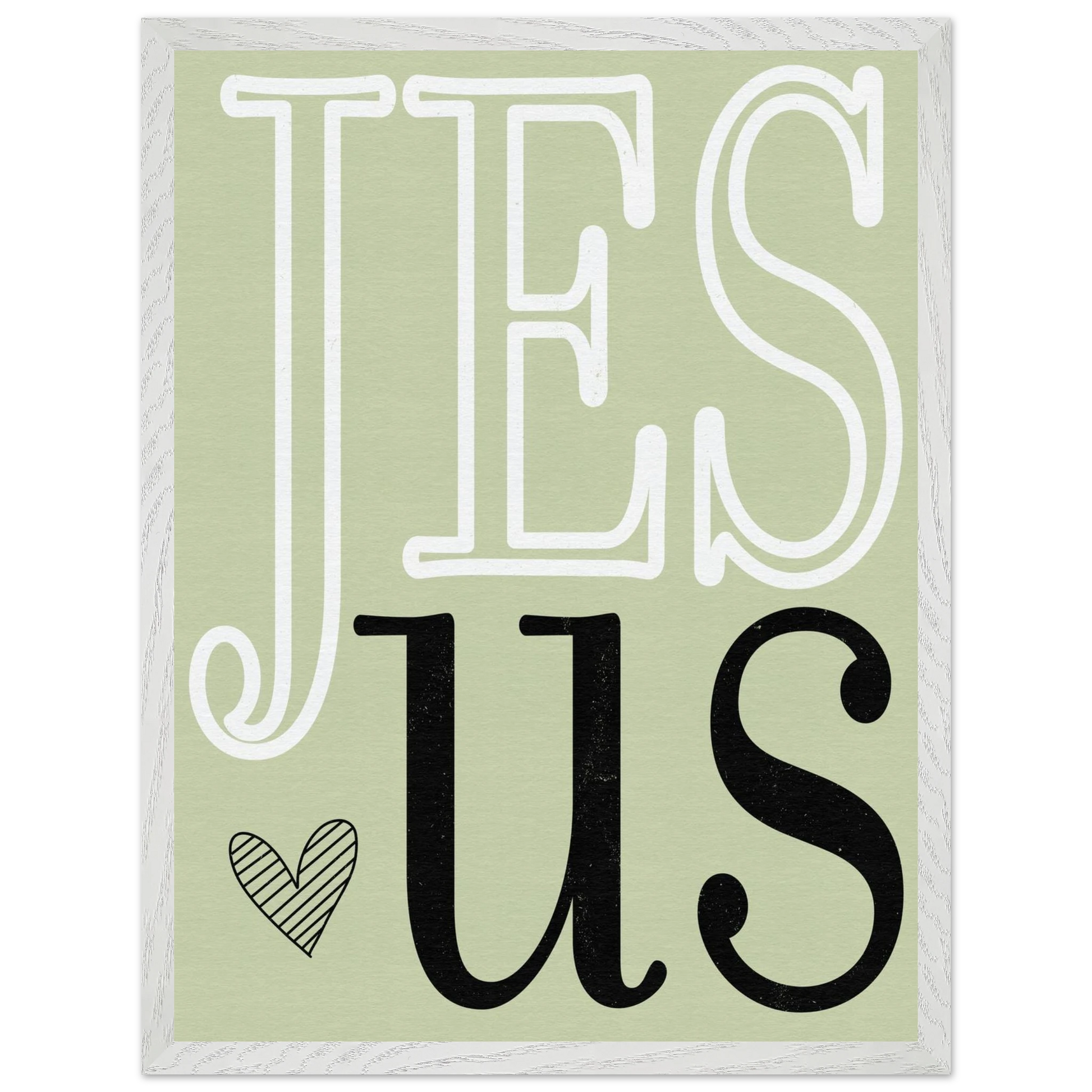 Decorative sign with 'Jesus' text on a light green background