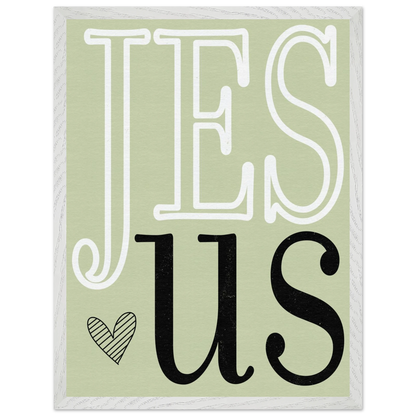 Decorative sign with 'Jesus' text on a light green background