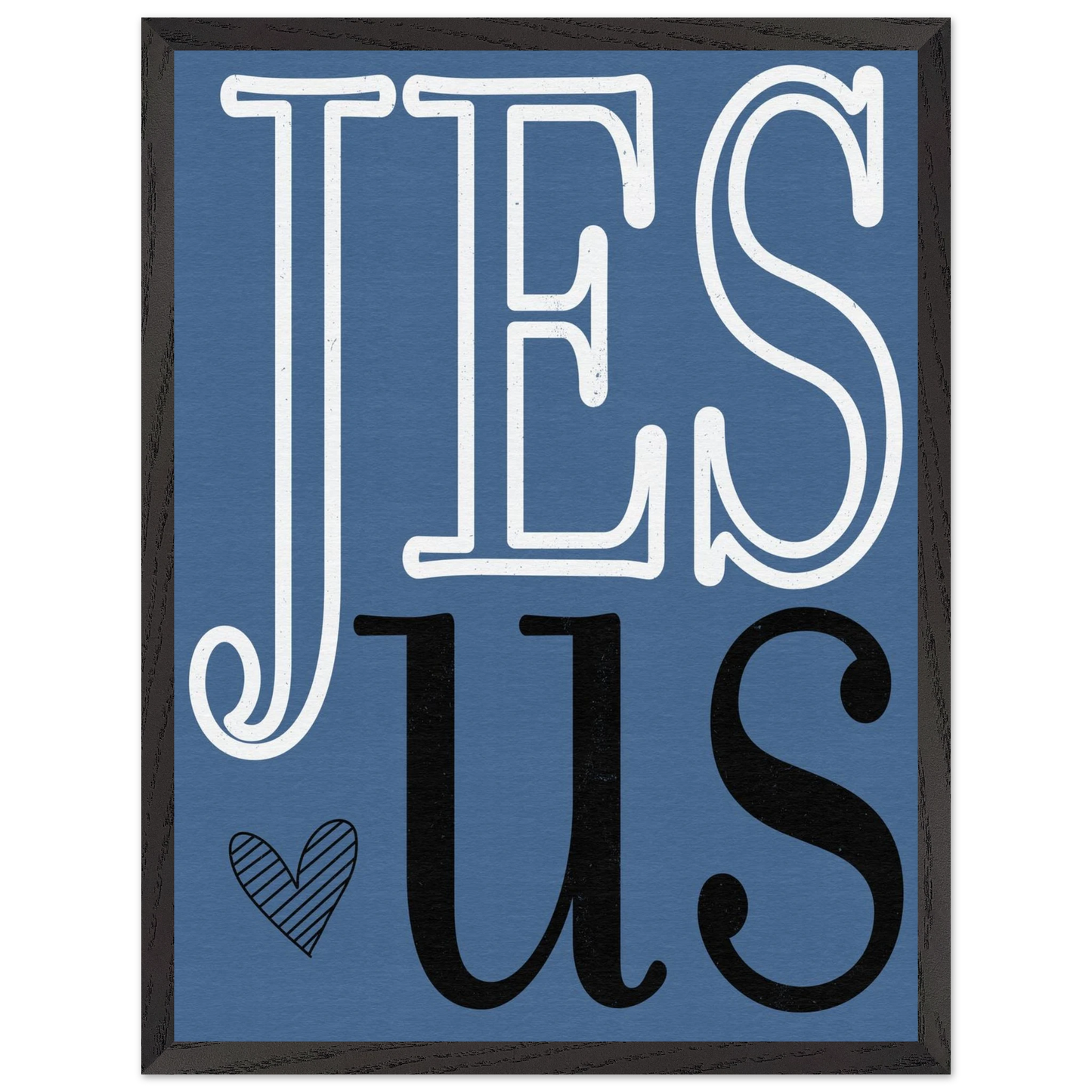Framed artwork with 'Jesus' text on a blue background