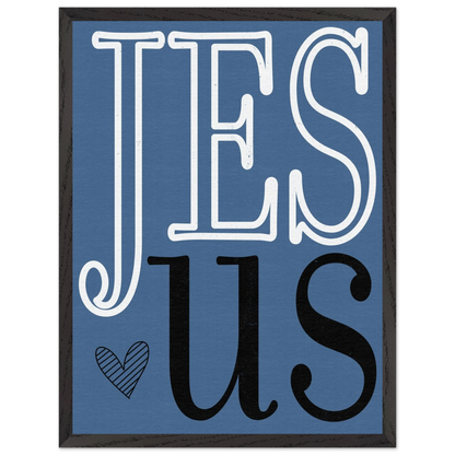 Framed artwork with 'Jesus' text on a blue background