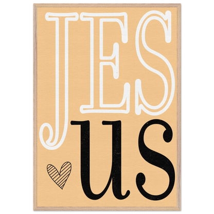 Decorative sign with 'JESUS' text on a beige background