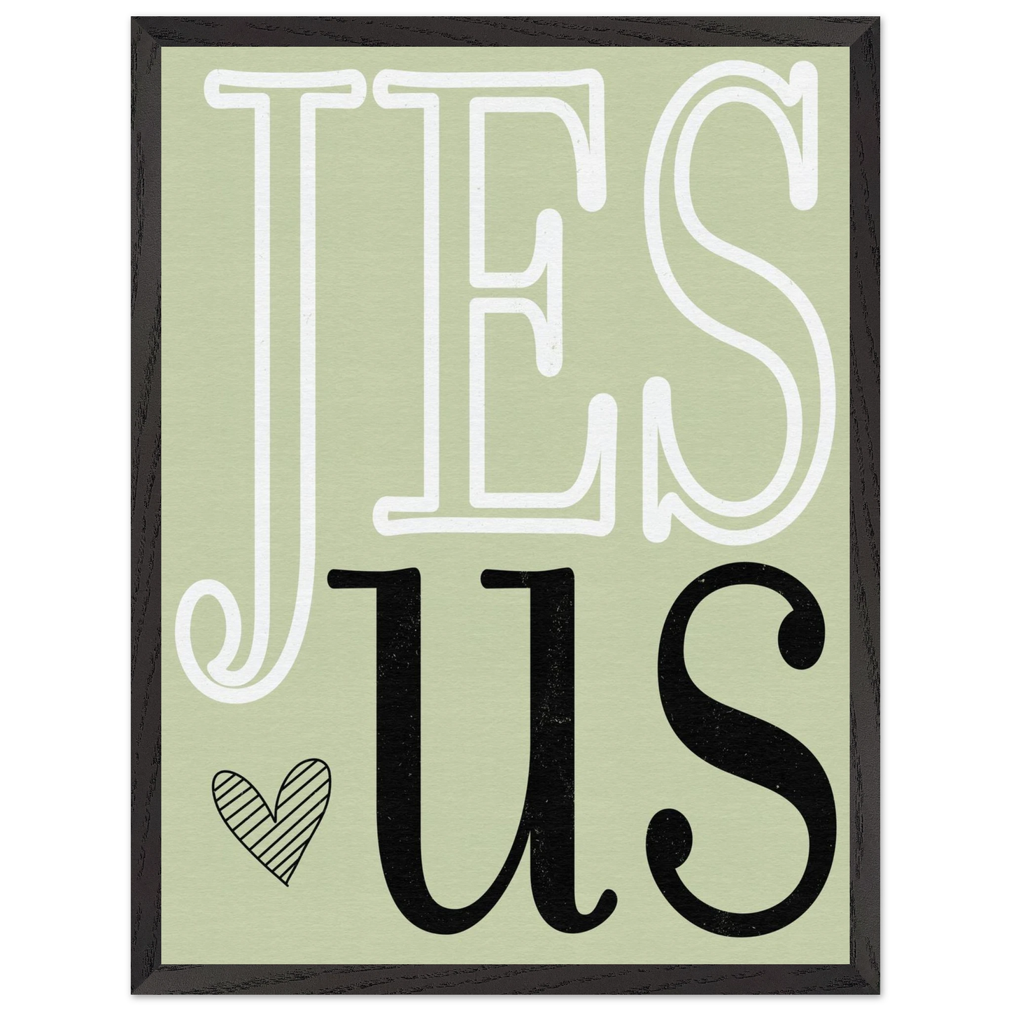 Decorative sign with 'Jesus' text on a light green background