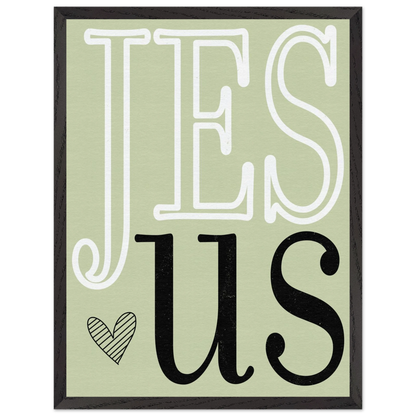 Decorative sign with 'Jesus' text on a light green background