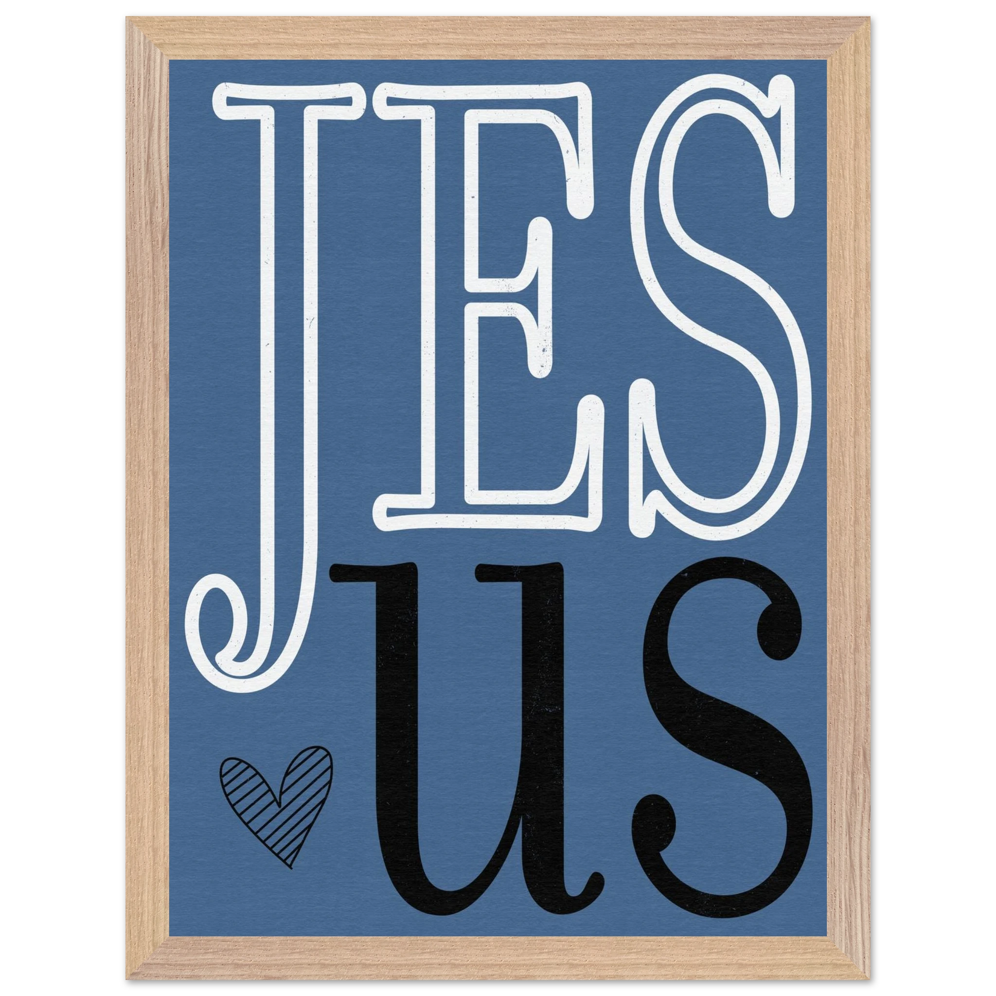 Framed artwork with 'JESUS' text on a blue background