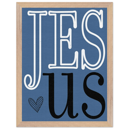 Framed artwork with 'JESUS' text on a blue background