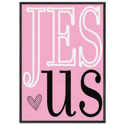 Pink poster with 'JESUS' text on a white background
