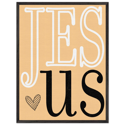 Decorative sign with 'Jesus' text on a beige background