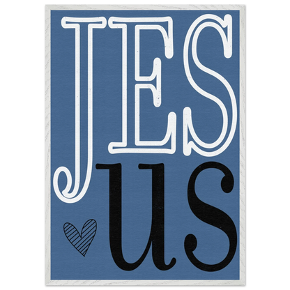 Blue sign with 'Jesus' in white and black text on a blue background