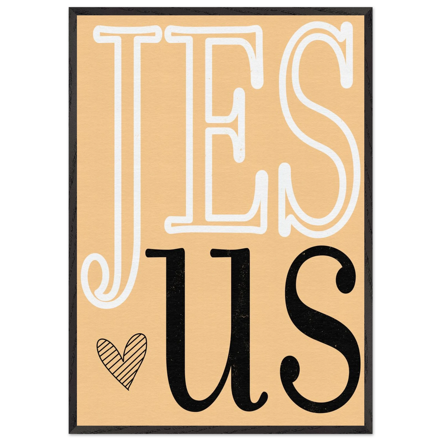Decorative sign with 'JESUS' text on a beige background