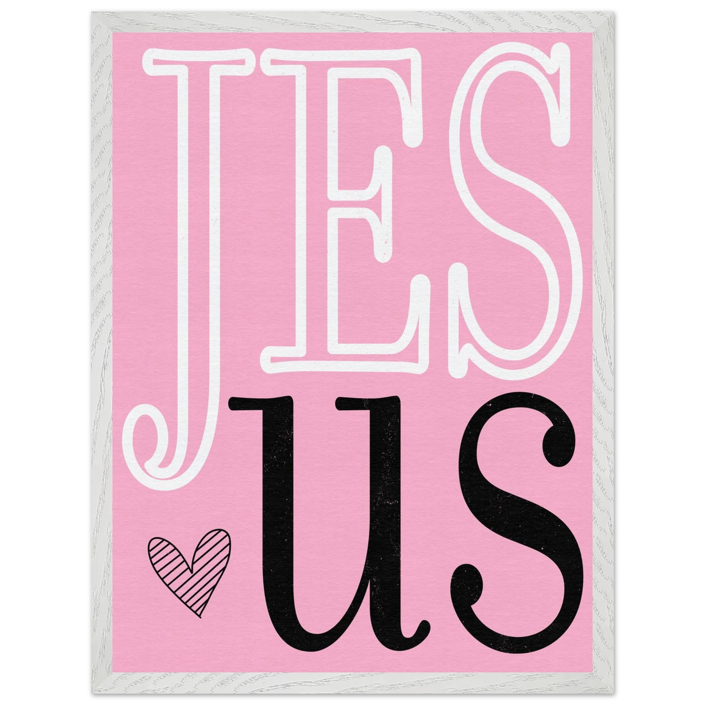 Pink sign with 'JESUS' text on a white background