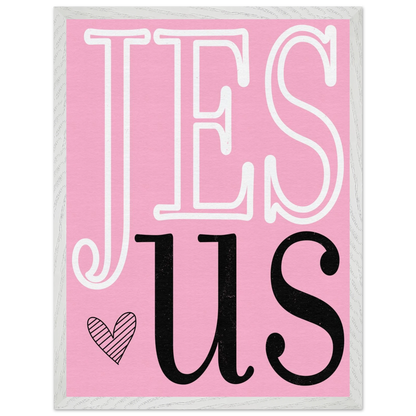 Pink sign with 'JESUS' text on a white background