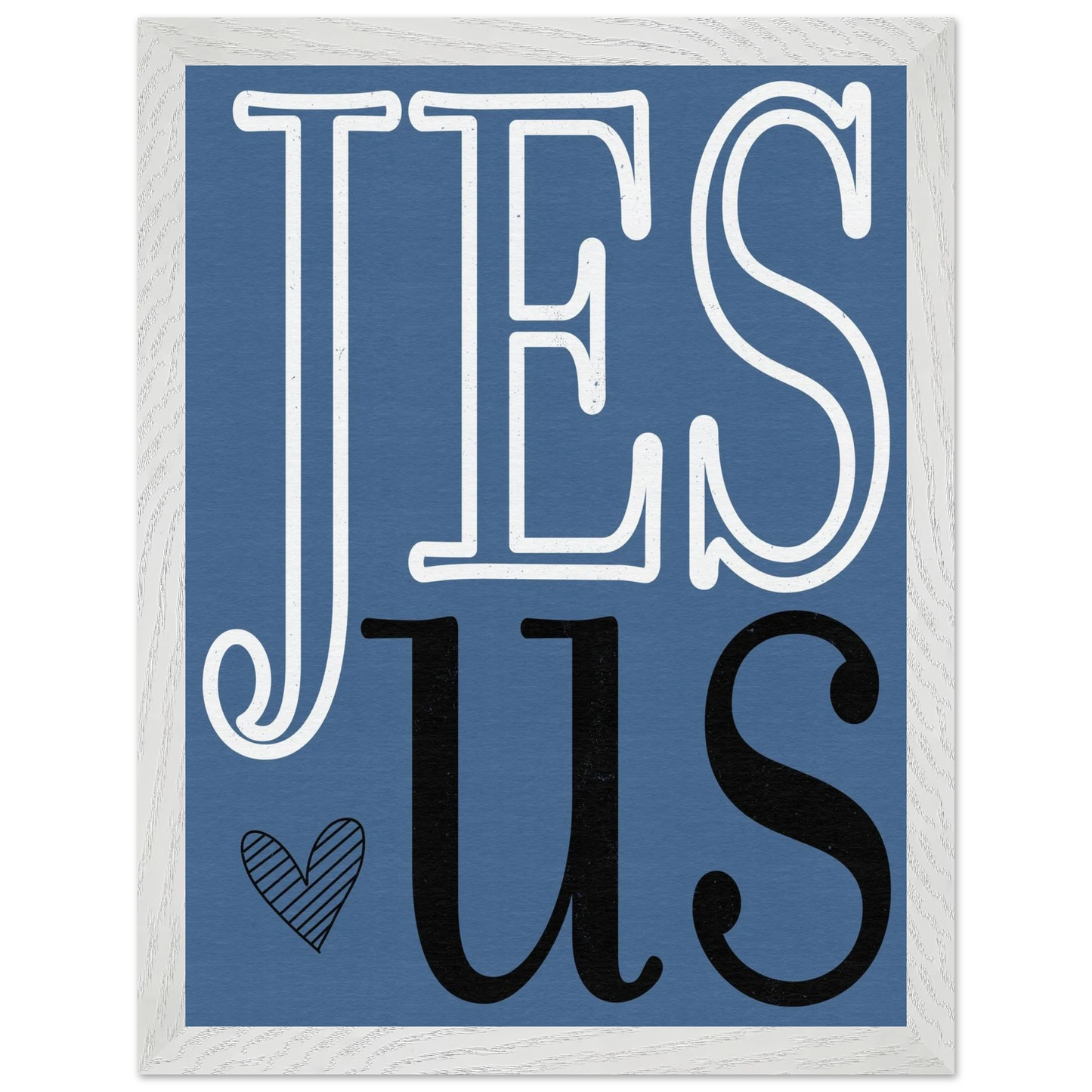 Decorative sign with 'Jesus' text on a blue background