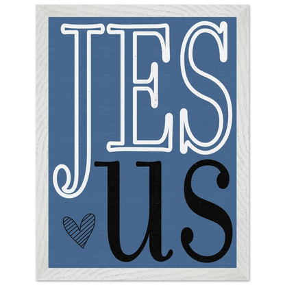 Decorative sign with 'Jesus' text on a blue background
