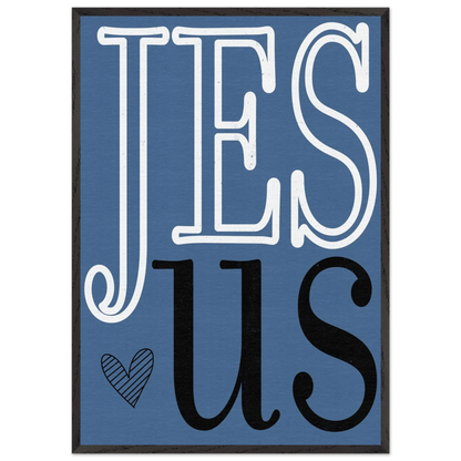 Blue poster with 'JESUS' text on a white background