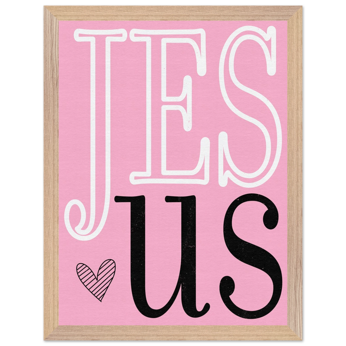 Framed artwork with 'JESUS' text on a pink background