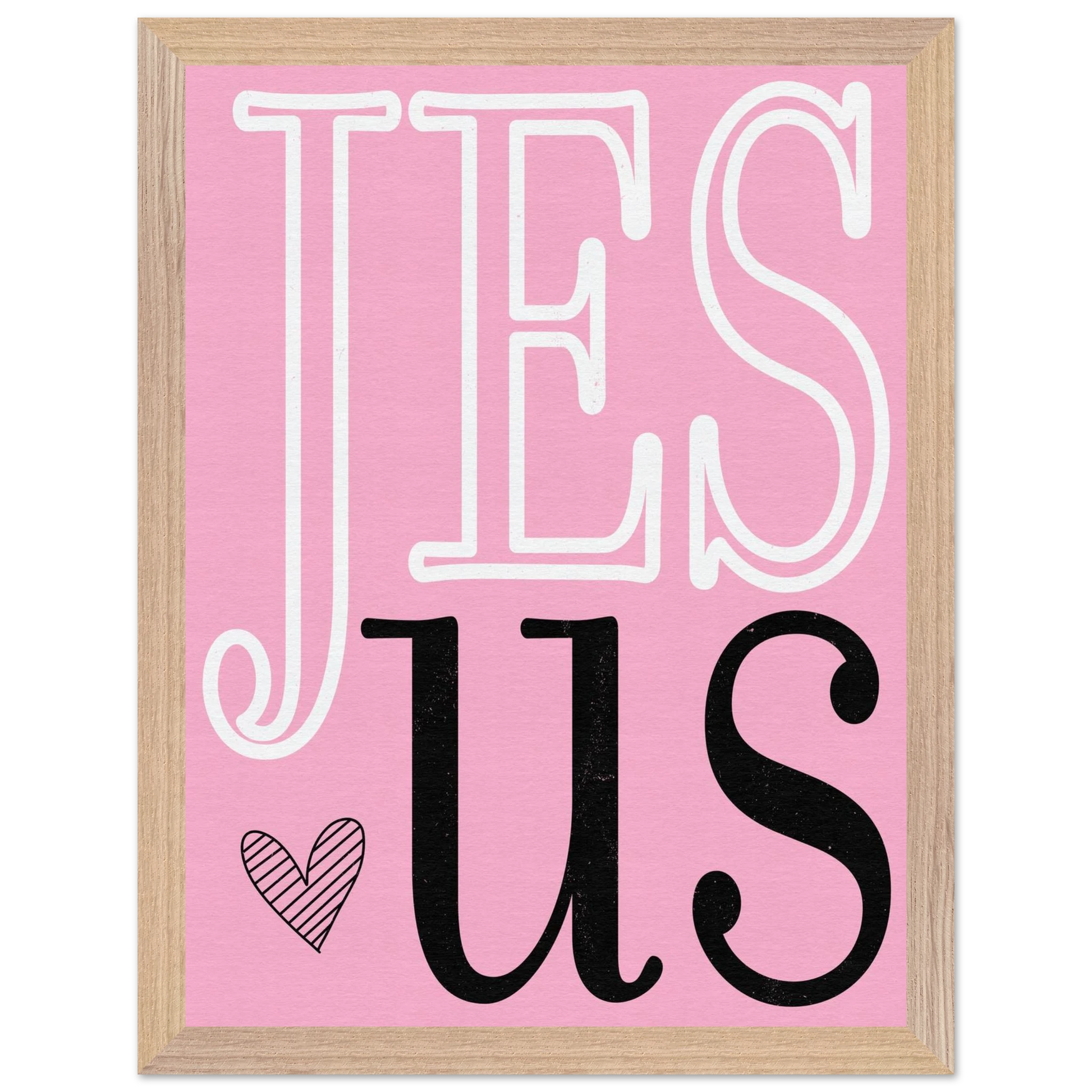 Framed artwork with 'JESUS' text on a pink background