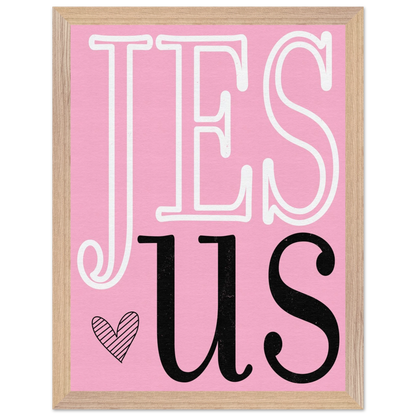 Framed artwork with 'JESUS' text on a pink background