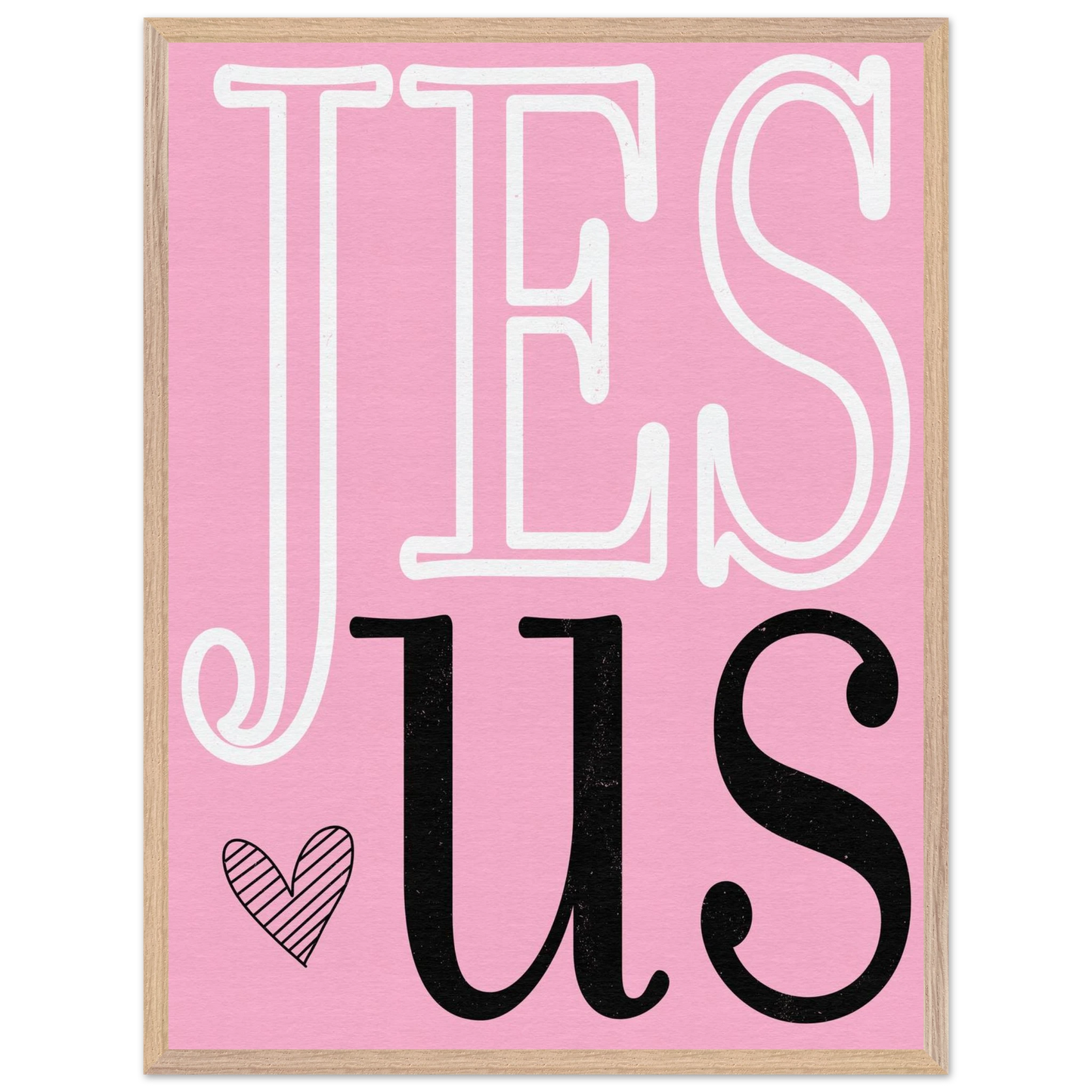 Framed artwork with 'JESUS' text on a pink background