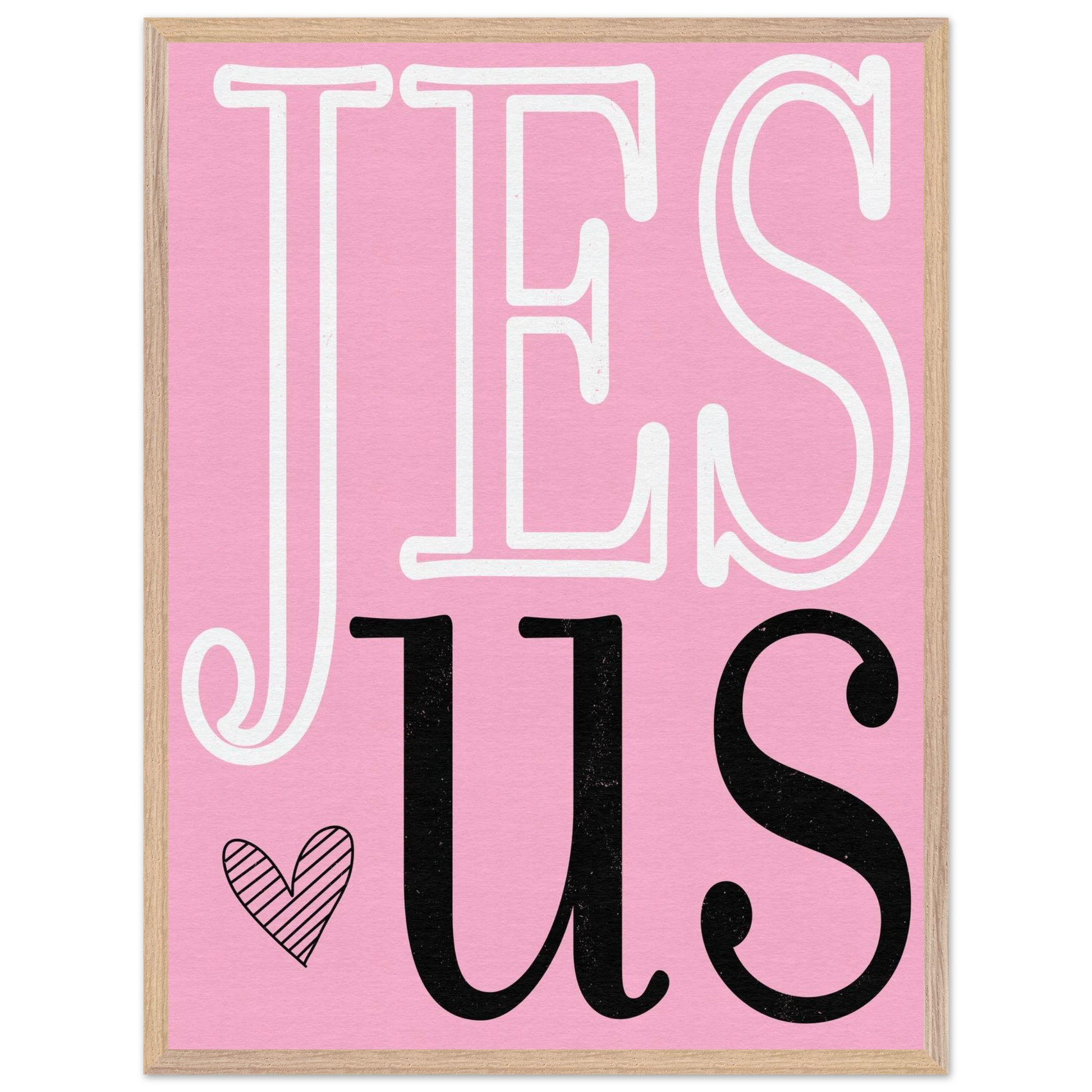 Framed artwork with 'JESUS' text on a pink background