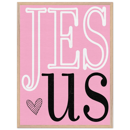 Framed artwork with 'JESUS' text on a pink background