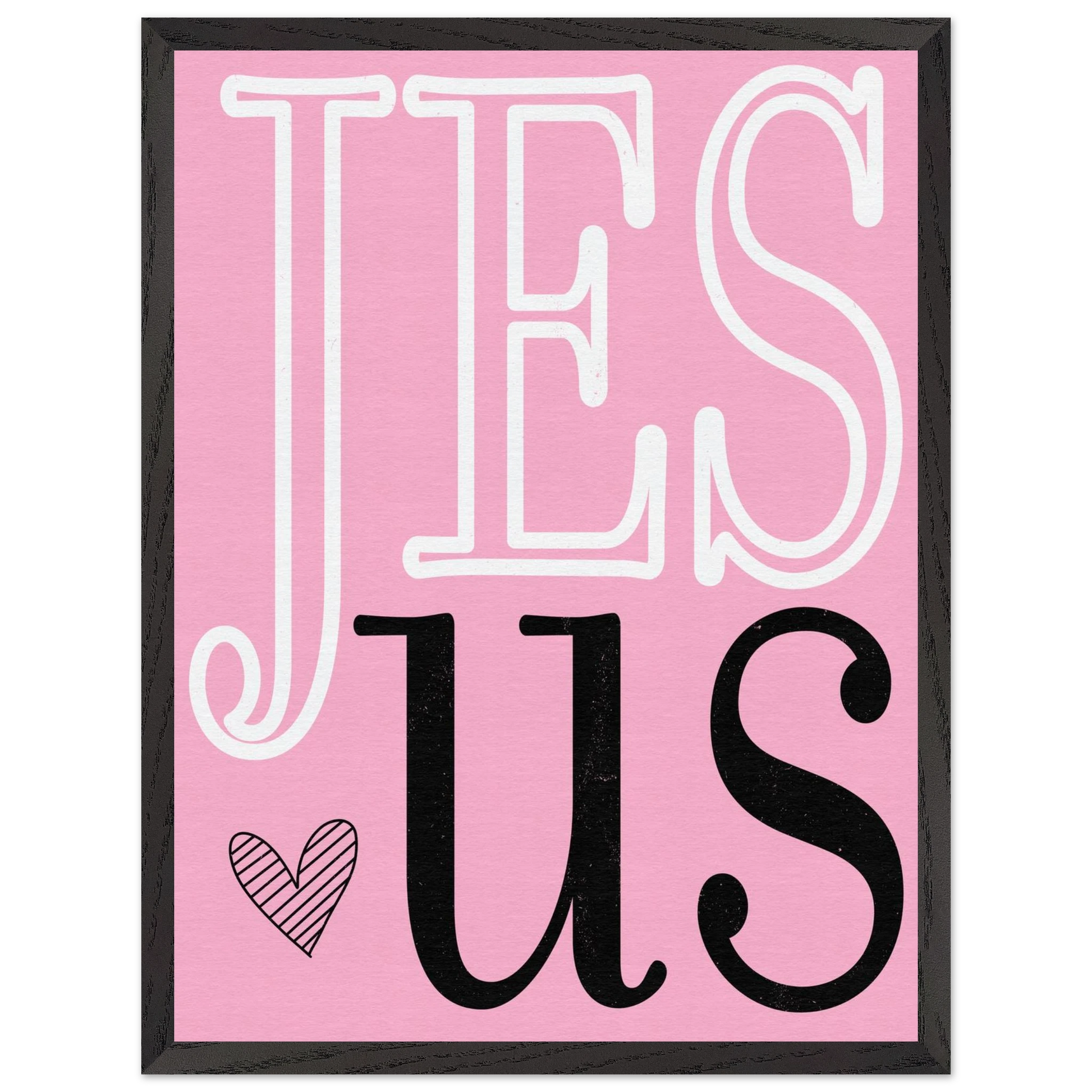 Framed artwork with 'JESUS' text on a pink background