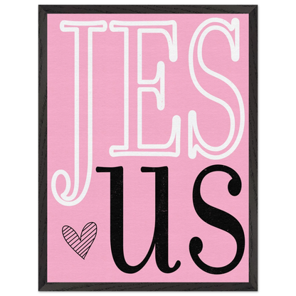 Framed artwork with 'JESUS' text on a pink background