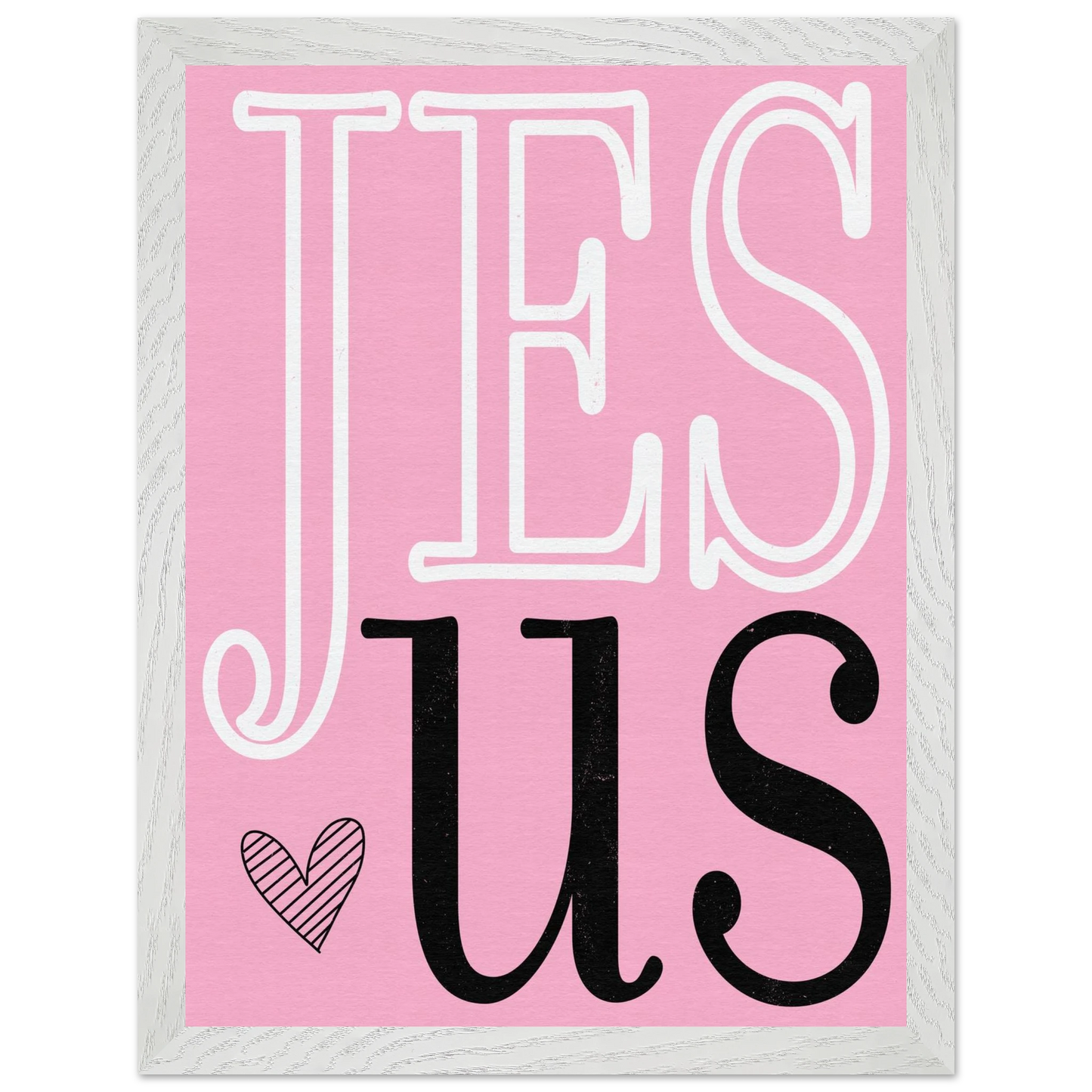 Pink blanket with 'JESUS' text and heart design on a white background
