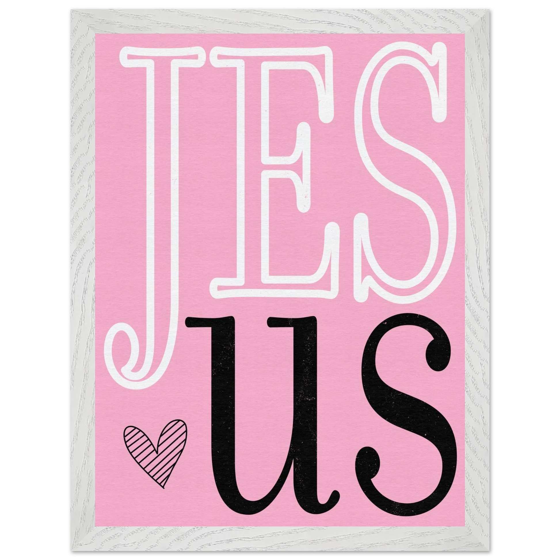 Pink blanket with 'JESUS' text and heart design on a white background
