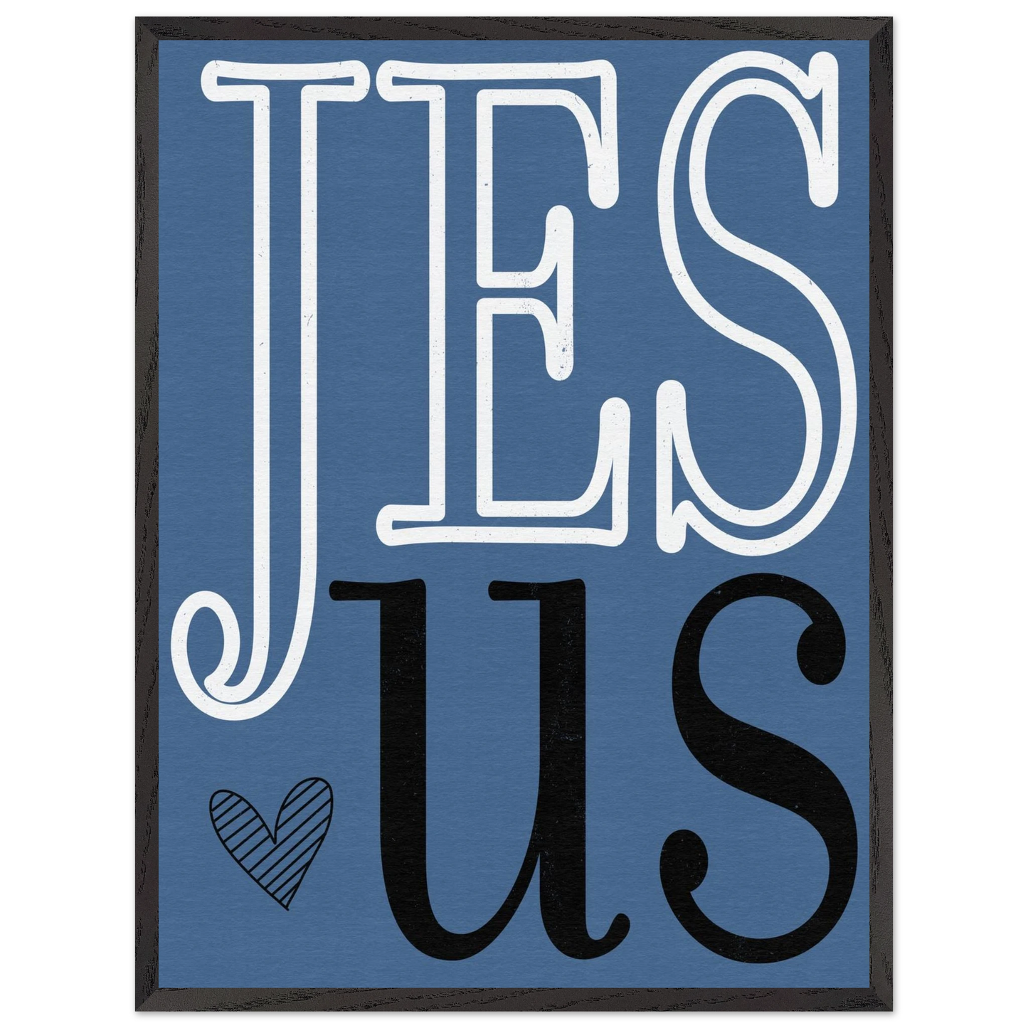 Framed artwork with 'JESUS' text on a blue background