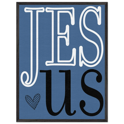 Framed artwork with 'JESUS' text on a blue background