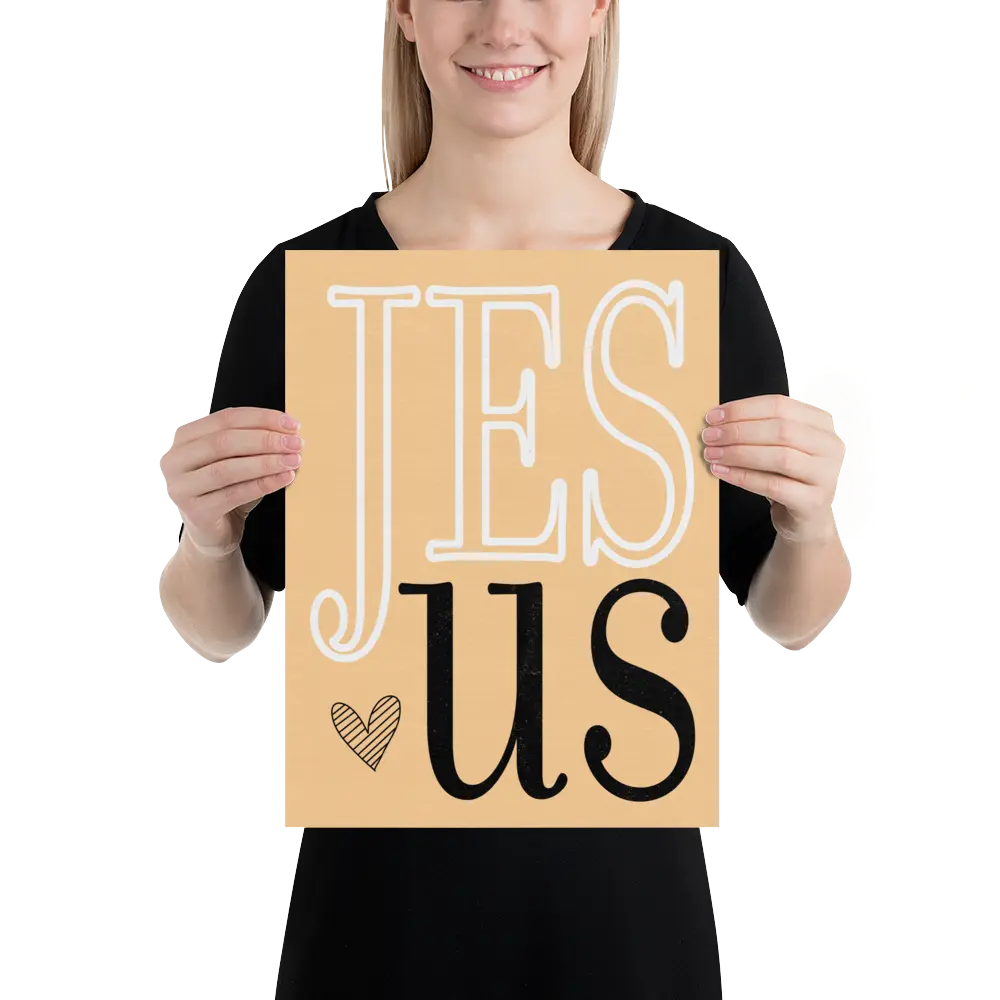 Person holding a sign with 'Jesus' on a white background