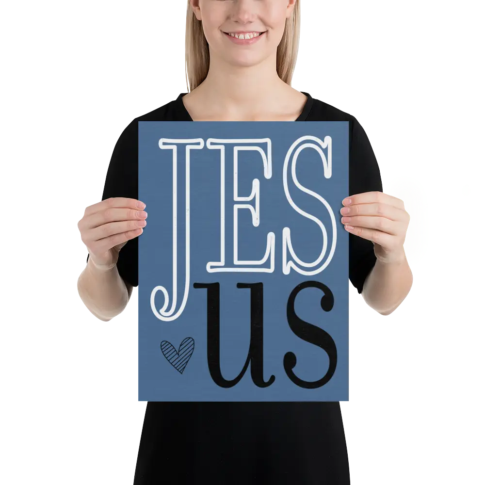 Person holding a blue sign with 'JESUS' text