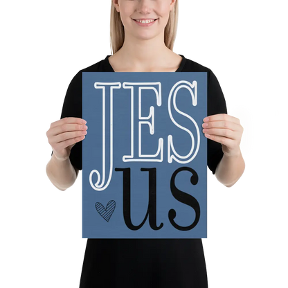 Person holding a blue sign with 'JESUS' text