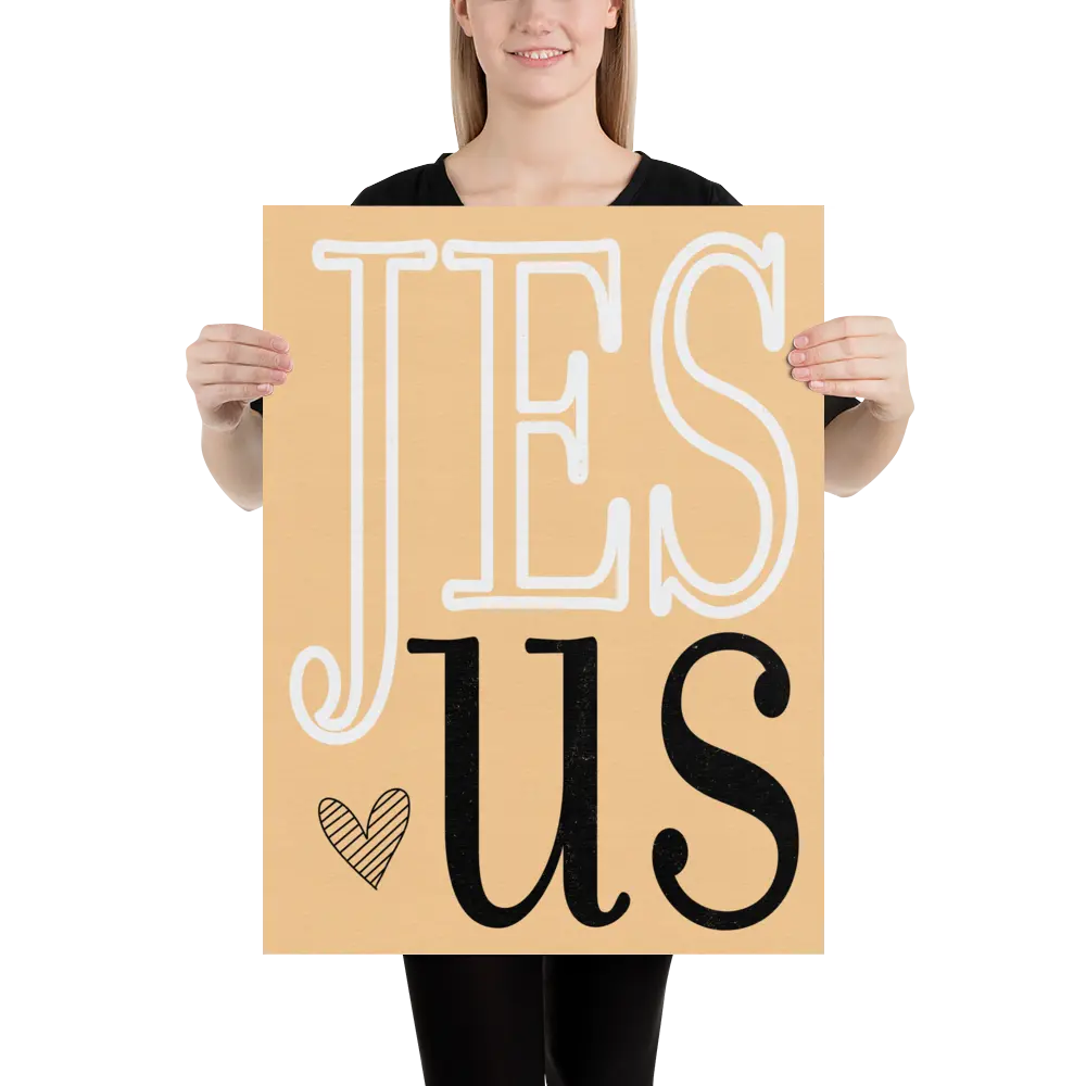 Person holding a cardboard sign with 'JESUS' text