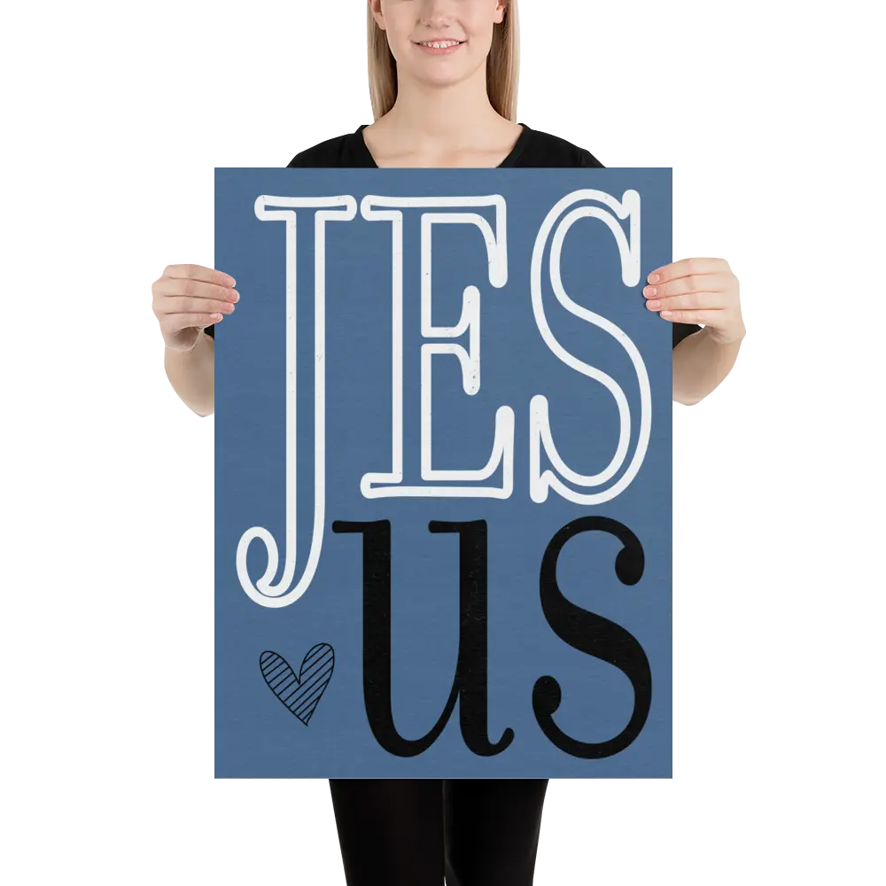 Person holding a blue sign with 'Jesus' on a white background