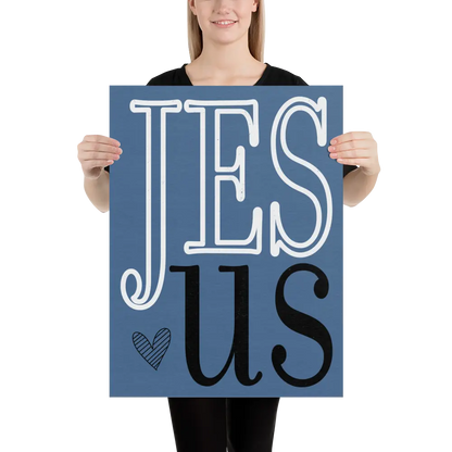 Person holding a blue sign with 'Jesus' on a white background