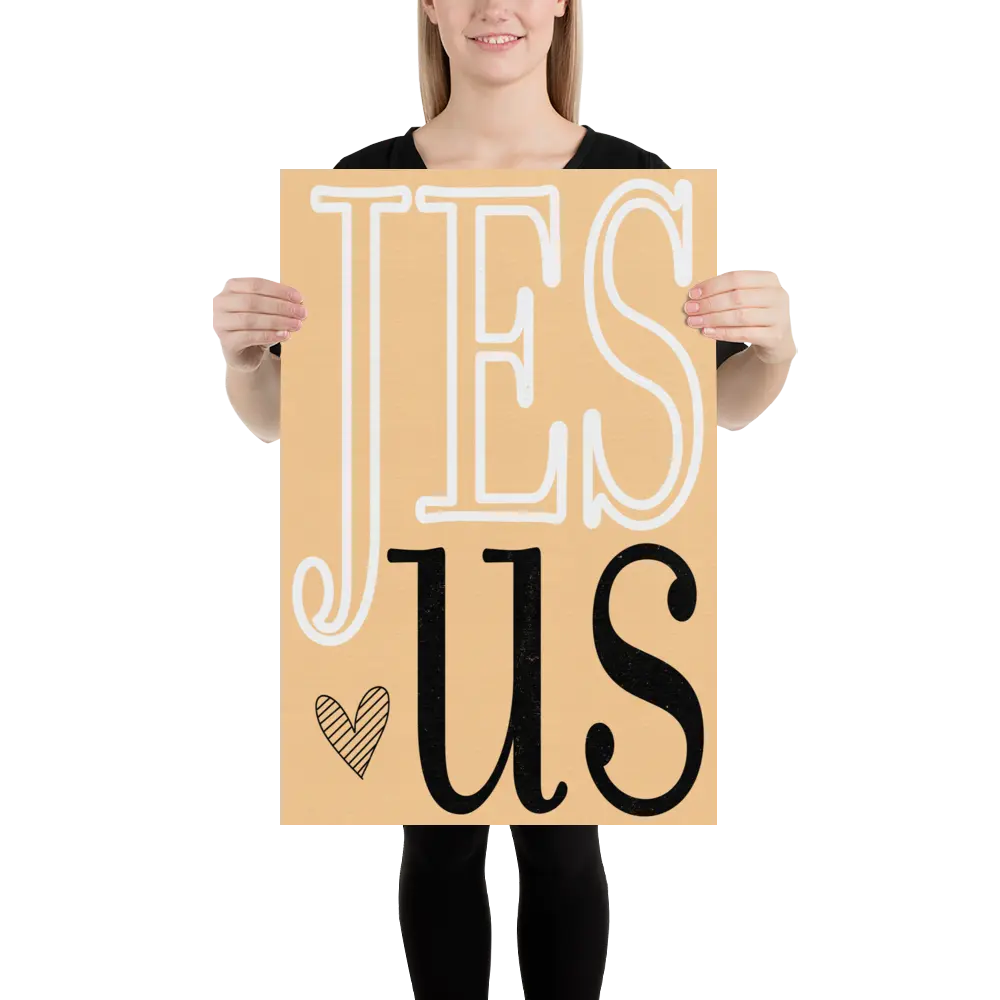 Person holding a cardboard sign with 'JESUS' text on a white background