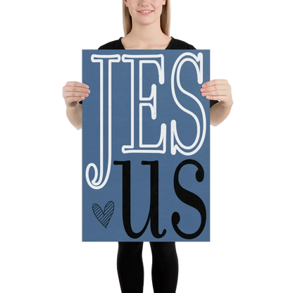Person holding a blue sign with 'JESUS' text on a white background