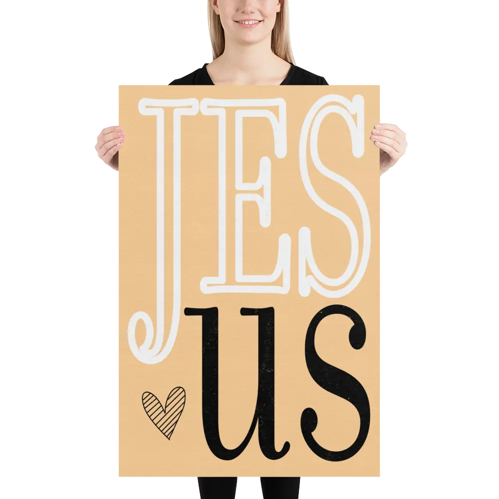 Person holding a cardboard sign with 'JESUS' text on a white background