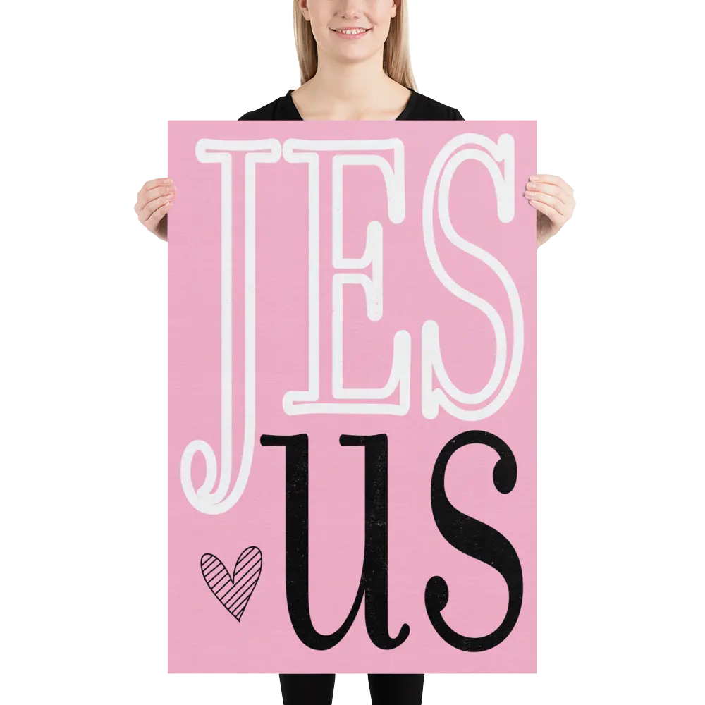 Person holding a pink sign with 'JESUS' text on a white background