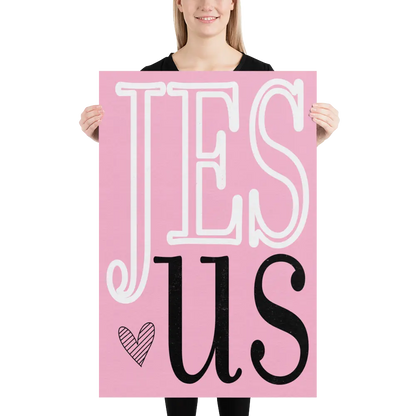 Person holding a pink sign with 'JESUS' text on a white background